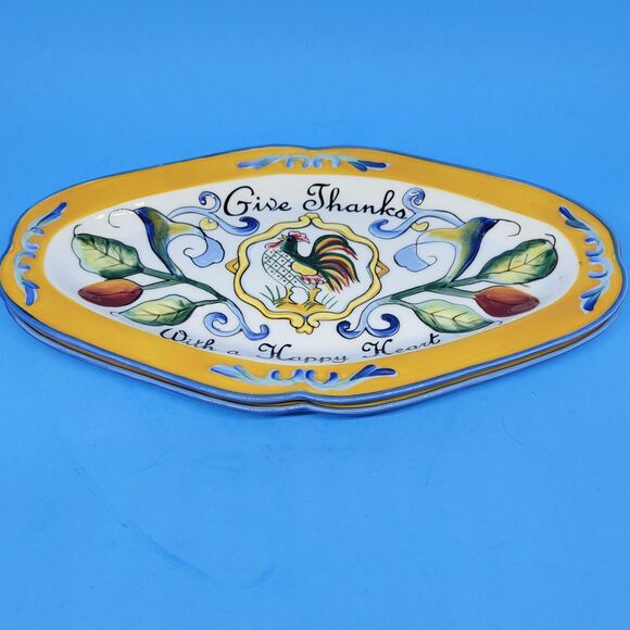 2 Fitz and Floyd Ricamo 11"  "Give Thanks With a Happy Heart" Tray Rooster - Picture 7 of 8